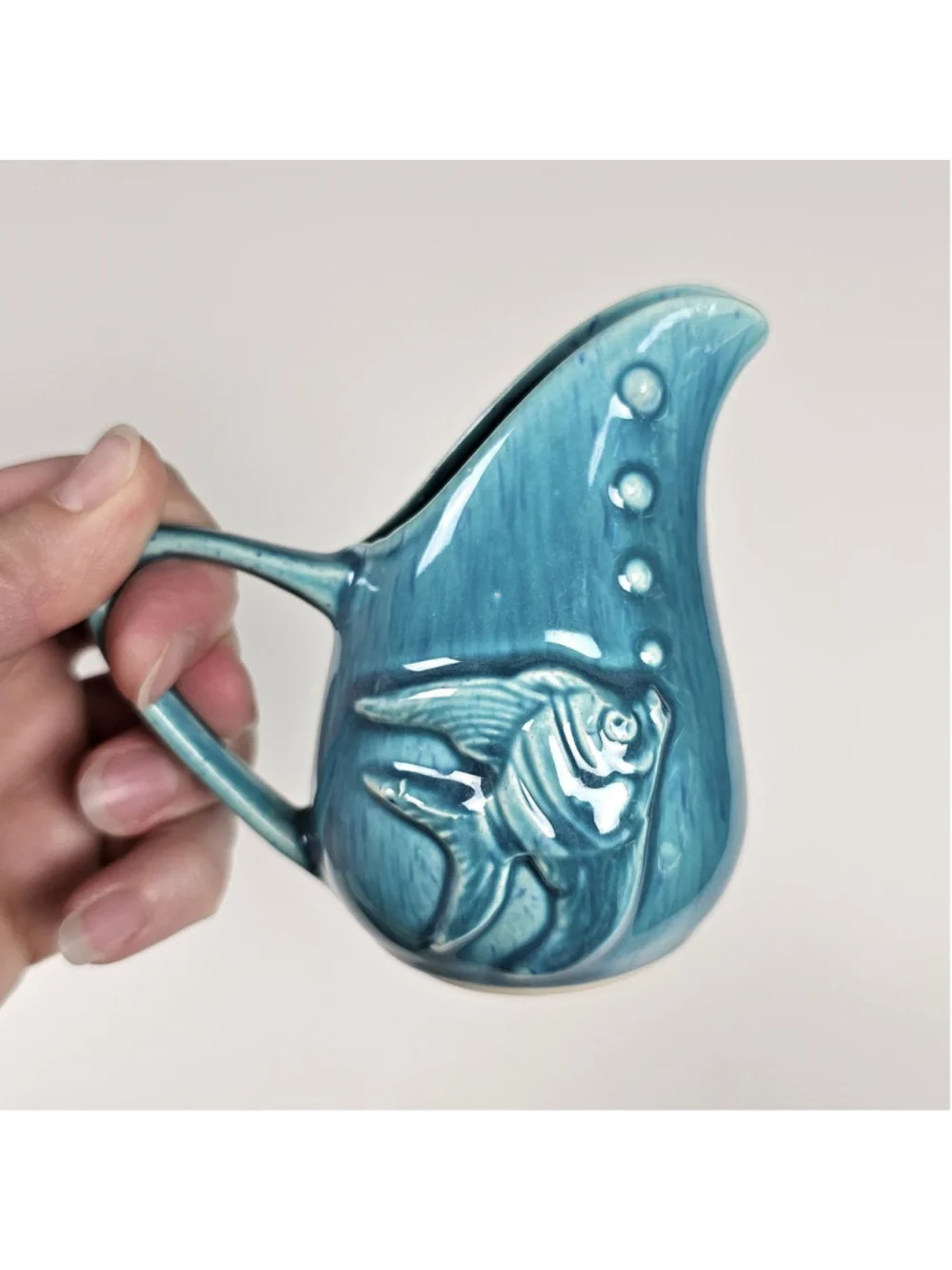 Vintage Teal Blue Ceramic Fish Creamer Pitcher 3.75